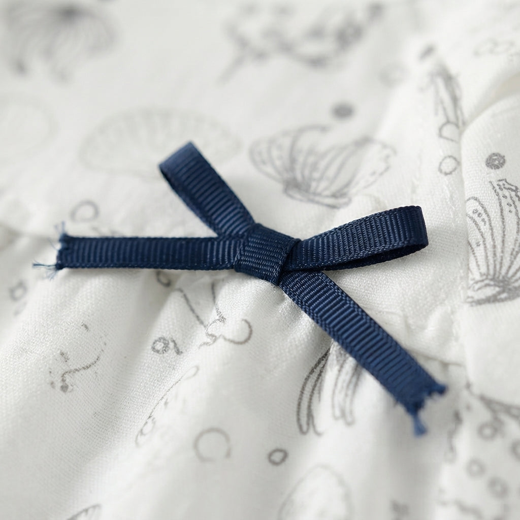 [WHOLESALE ONLY - CONTACT TO ORDER] Toddler Baby Girls Ocean Shell Print Long Sleeve A-Line Dress - Navy Ribbon Bows Ruffle Empire Waist Cotton Dress [KW-131]