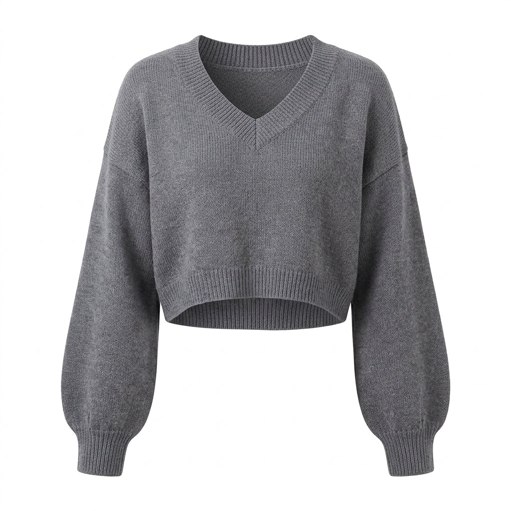 [WHOLESALE ONLY - CONTACT TO ORDER] Women's Ultra-Soft Cashmere-Feel Deep V-Neck Cropped Pullover Sweater with Lantern Sleeves (Heather Charcoal Grey) [AW-203]