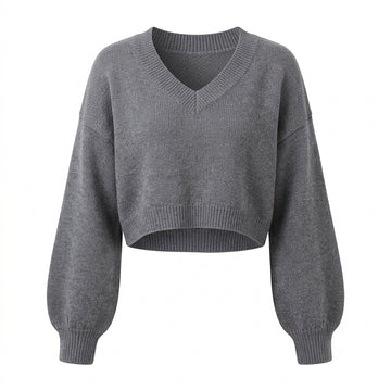 [WHOLESALE ONLY - CONTACT TO ORDER] Women's Ultra-Soft Cashmere-Feel Deep V-Neck Cropped Pullover Sweater with Lantern Sleeves (Heather Charcoal Grey) [AW-203]