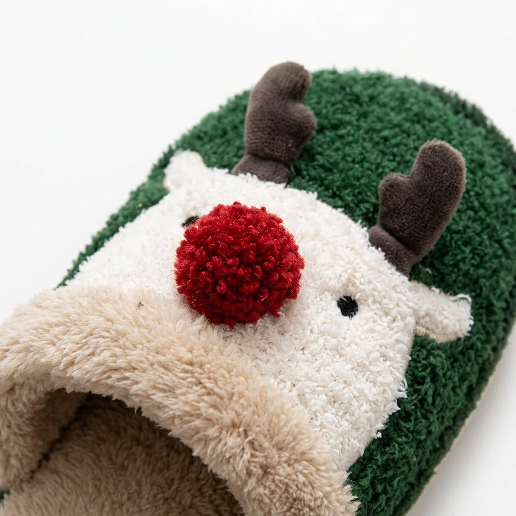 [WHOLESALE ONLY - CONTACT TO ORDER] Women's Christmas Reindeer 3D Red Pom-Pom Nose Sherpa Lined Winter House Slippers (Pine Green) [FM-101]