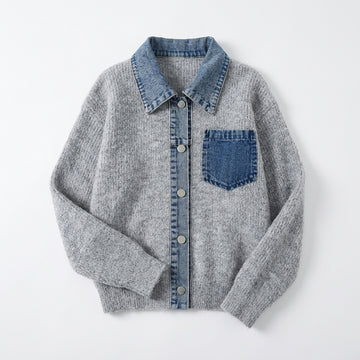 [WHOLESALE ONLY - CONTACT TO ORDER] Women's Hybrid Denim-Spliced Fuzzy Knit Button-Front Jacket Cardigan with Washed Denim Collar & Chest Pocket (Heather Grey & Medium Wash Denim) [AW-212]