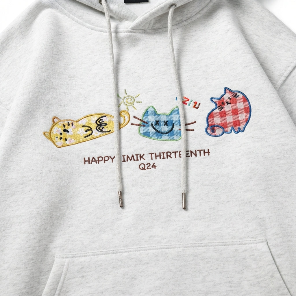 [WHOLESALE ONLY - CONTACT TO ORDER] Unisex Heavyweight Cotton Blend Fleece Graphic Hoodie - Cute Plaid Patchwork Embroidered Cats Kangaroo Pocket Pullover Sweatshirt [KW-104]