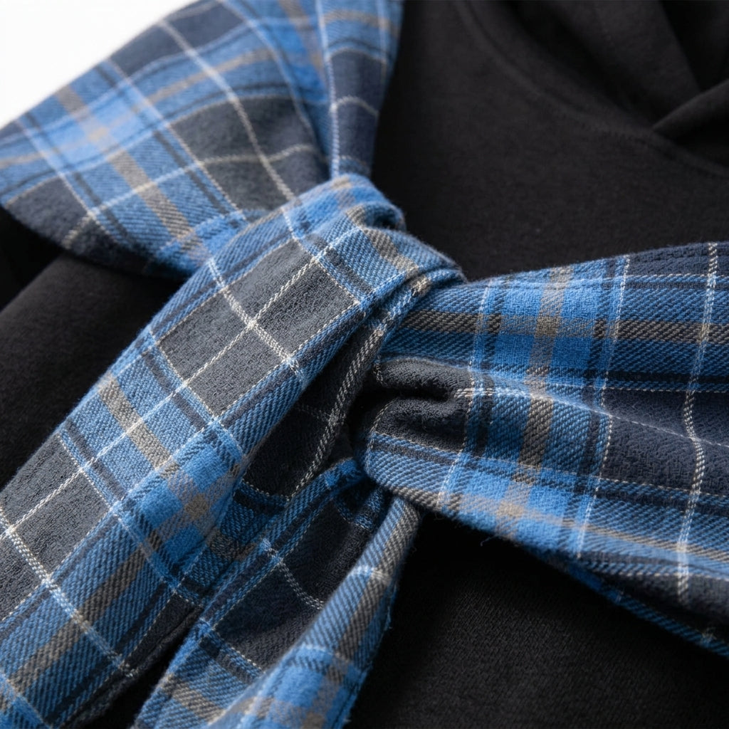 [WHOLESALE ONLY - CONTACT TO ORDER] Unisex Heavyweight 400GSM 85% Cotton Fleece Vintage Washed Gradient Oversized Hoodie with Asymmetric Plaid Sash Tie (Faded Black & Earth Olive) [AW-119]
