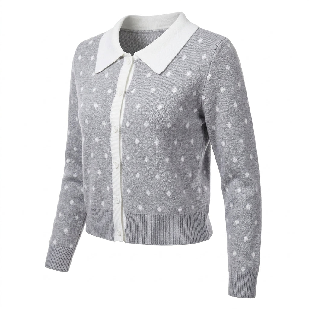 [WHOLESALE ONLY - CONTACT TO ORDER] Women's Preppy 2-in-1 Layered Polka Dot Jacquard Cardigan with Contrast White Peter Pan Collar & Hem Trim (Heather Grey & White) [AW-220]
