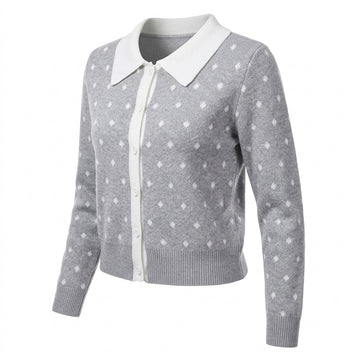 [WHOLESALE ONLY - CONTACT TO ORDER] Women's Preppy 2-in-1 Layered Polka Dot Jacquard Cardigan with Contrast White Peter Pan Collar & Hem Trim (Heather Grey & White) [AW-220]