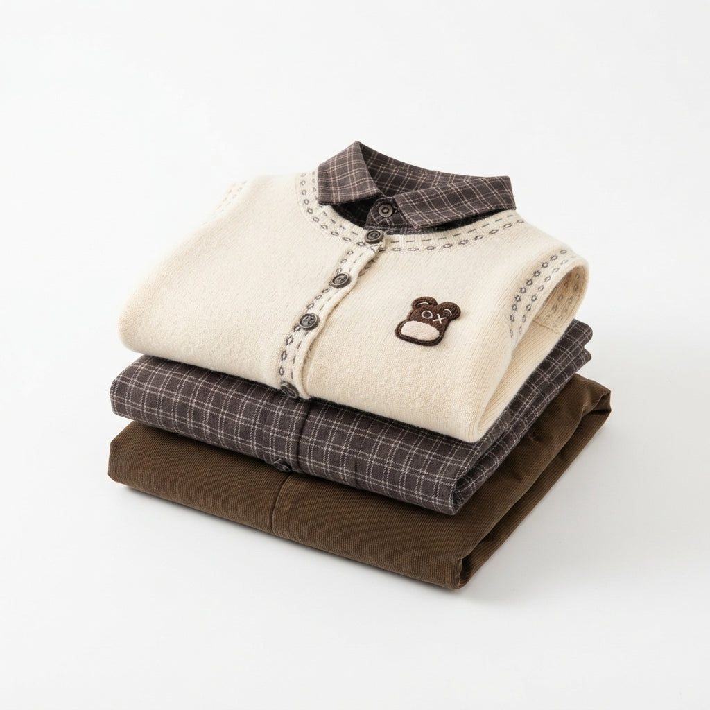 [WHOLESALE ONLY - CONTACT TO ORDER] Toddler Boys 3-Piece Plaid Shirt, Knit Cardigan Vest & Corduroy Trousers Set - Preppy Bear Patch Gentleman Outfit [KW-153]