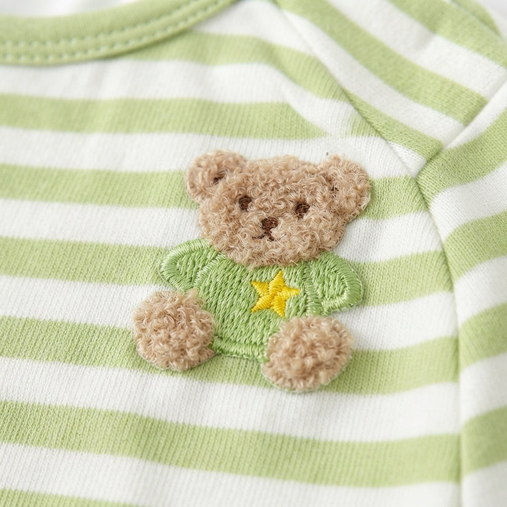[WHOLESALE ONLY - CONTACT TO ORDER] Toddler Baby Sage Green Striped Short Sleeve T-Shirt - 3D Fuzzy Sherpa Teddy Bear Patch Summer Tee[KW-141]