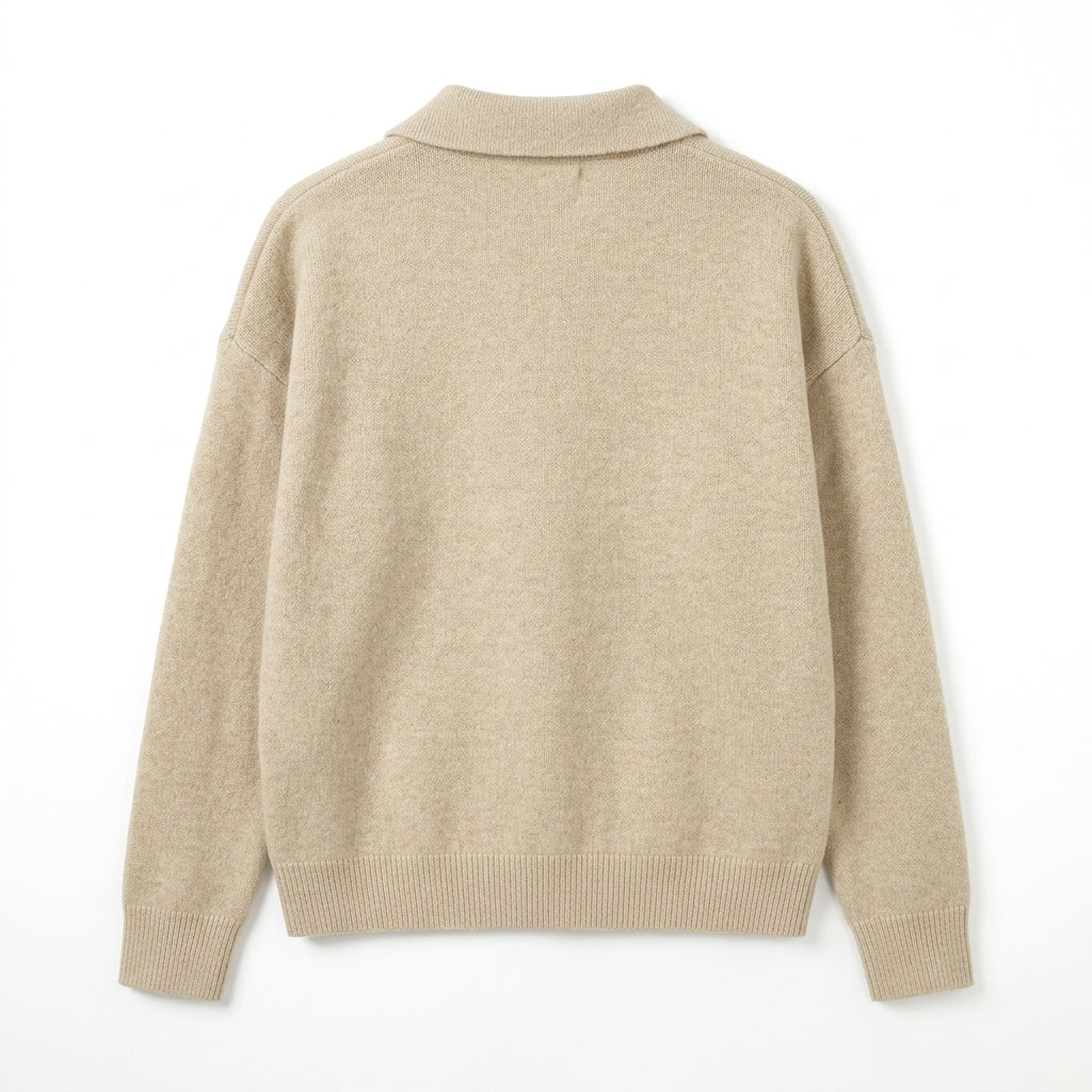 [WHOLESALE ONLY - CONTACT TO ORDER] Unisex Preppy Quarter-Zip Polo Collar Drop-Shoulder Knit Pullover Sweater (Heather Oat Melange) [AW-191]