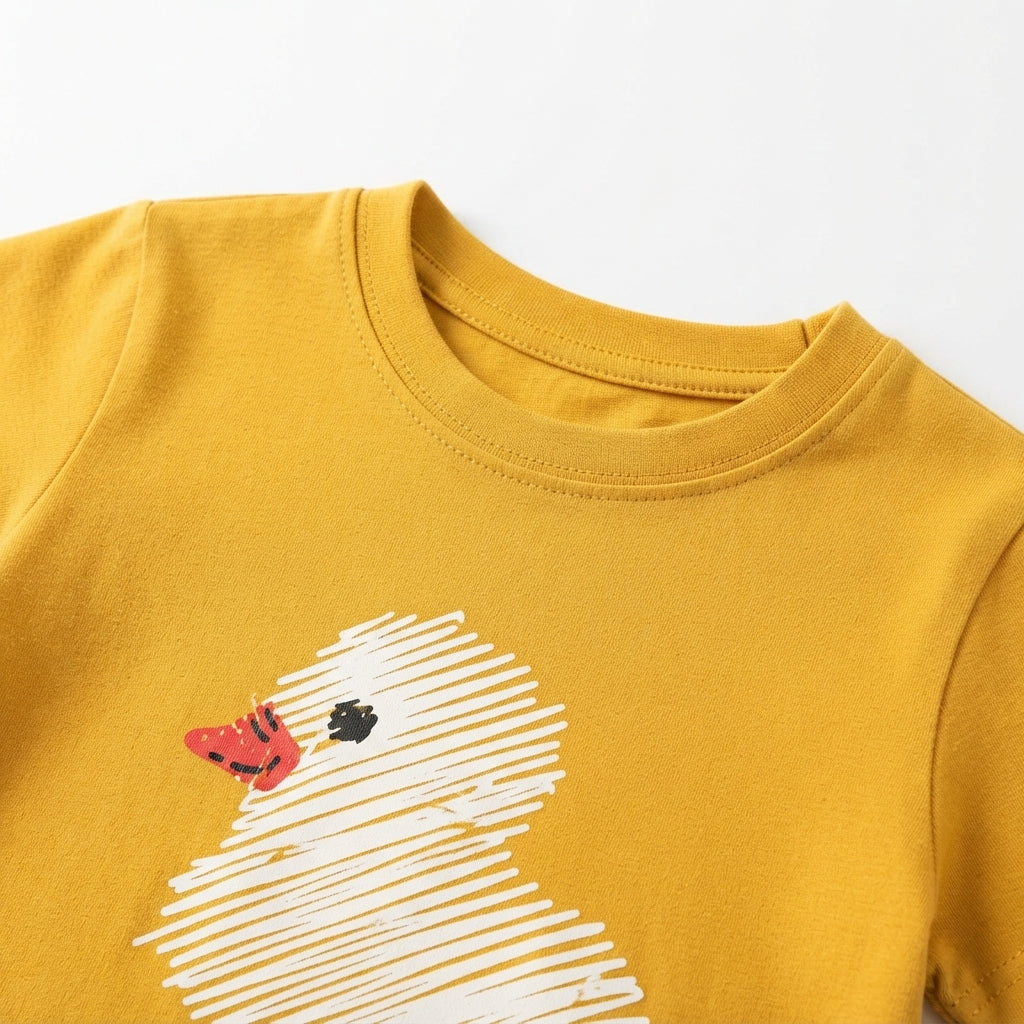 [WHOLESALE ONLY - CONTACT TO ORDER] Toddler Boys Summer 100% Cotton Graphic T-Shirt & Chino Shorts Set - Mustard Yellow Scribble Duck Casual Loungewear [KW-159]