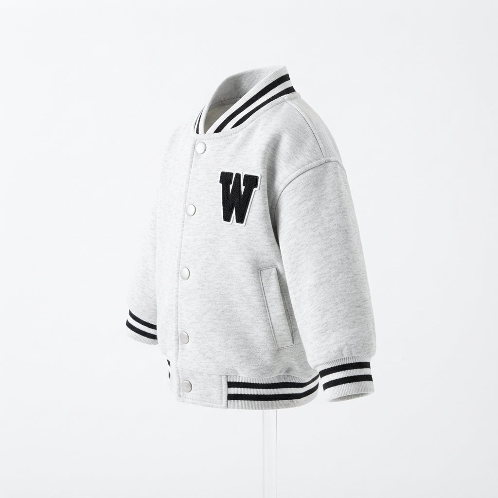 [WHOLESALE ONLY - CONTACT TO ORDER] Toddler Boys Letter W Chenille Patch Fleece Varsity Bomber Jacket - Snap Button Striped Rib Collar Baseball Coat [KW-164]