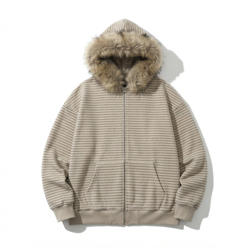 [WHOLESALE ONLY - CONTACT TO ORDER] Unisex Heavyweight 420GSM Yarn-Dyed Striped Fleece Zip-Up Hoodie with Faux Fur Trim Hood (Vintage Heather Oat & Charcoal) [AW-120]