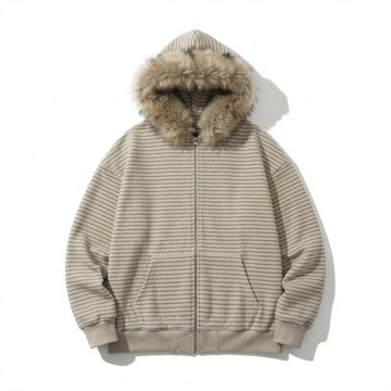 [WHOLESALE ONLY - CONTACT TO ORDER] Unisex Heavyweight 420GSM Yarn-Dyed Striped Fleece Zip-Up Hoodie with Faux Fur Trim Hood (Vintage Heather Oat & Charcoal) [AW-120]