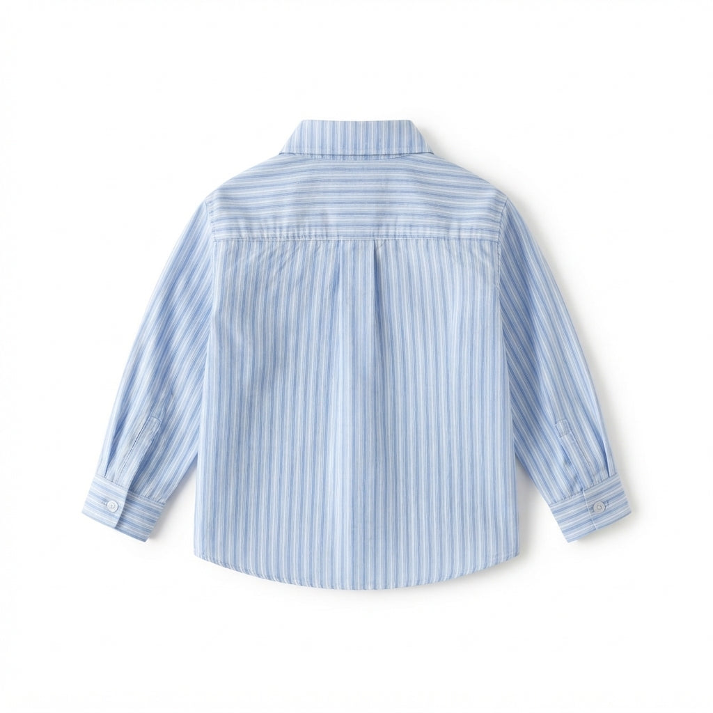 [WHOLESALE ONLY - CONTACT TO ORDER] Toddler Boys Striped Long Sleeve Dress Shirt with Solid Navy Tie - 100% Cotton Collared Gentleman Button-Down Top [KW-155]