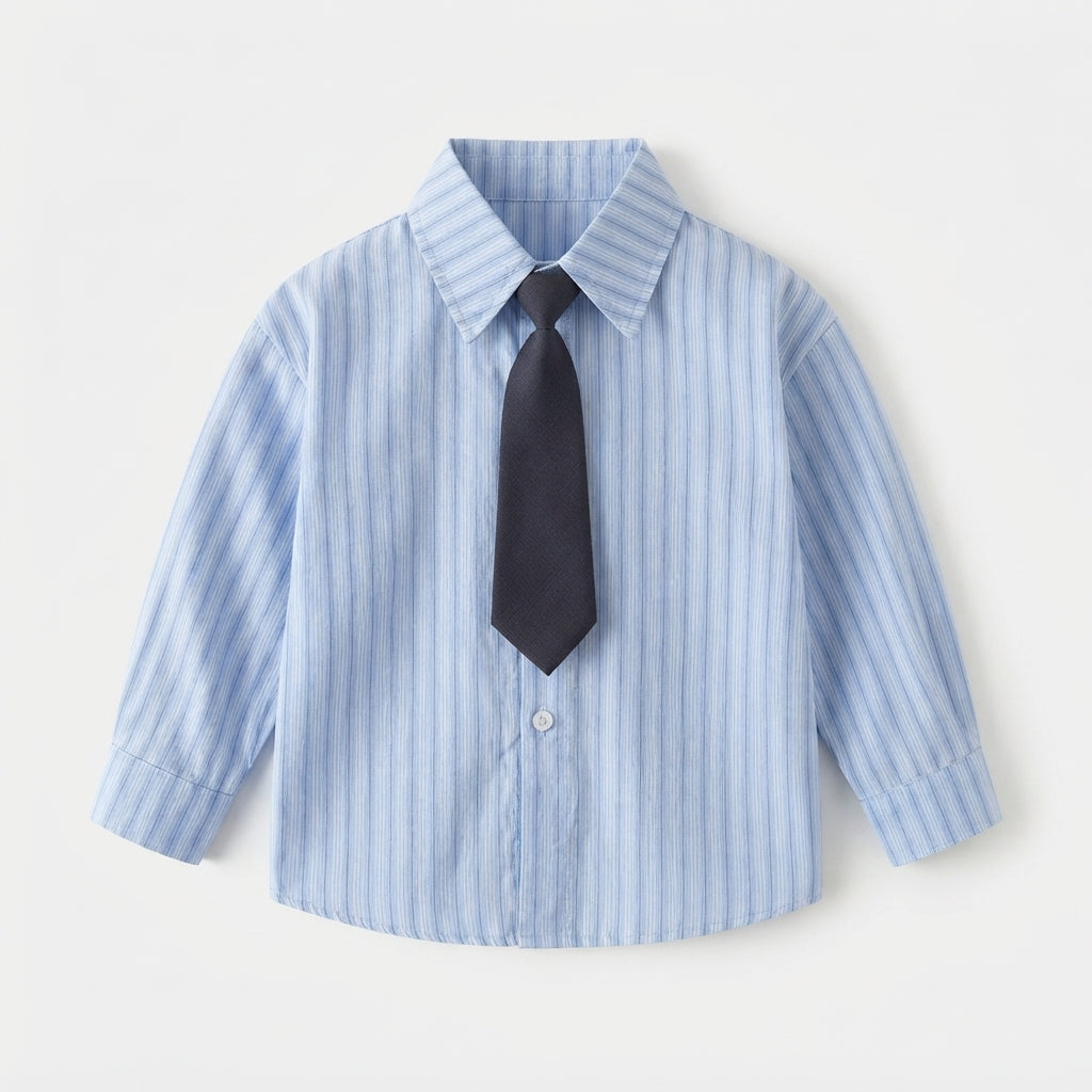 [WHOLESALE ONLY - CONTACT TO ORDER] Toddler Boys Striped Long Sleeve Dress Shirt with Solid Navy Tie - 100% Cotton Collared Gentleman Button-Down Top [KW-155]