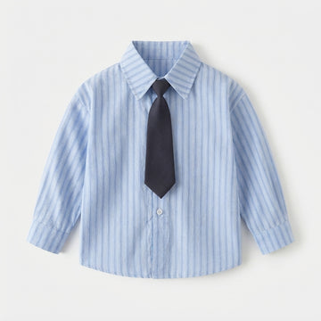[WHOLESALE ONLY - CONTACT TO ORDER] Toddler Boys Striped Long Sleeve Dress Shirt with Solid Navy Tie - 100% Cotton Collared Gentleman Button-Down Top [KW-155]