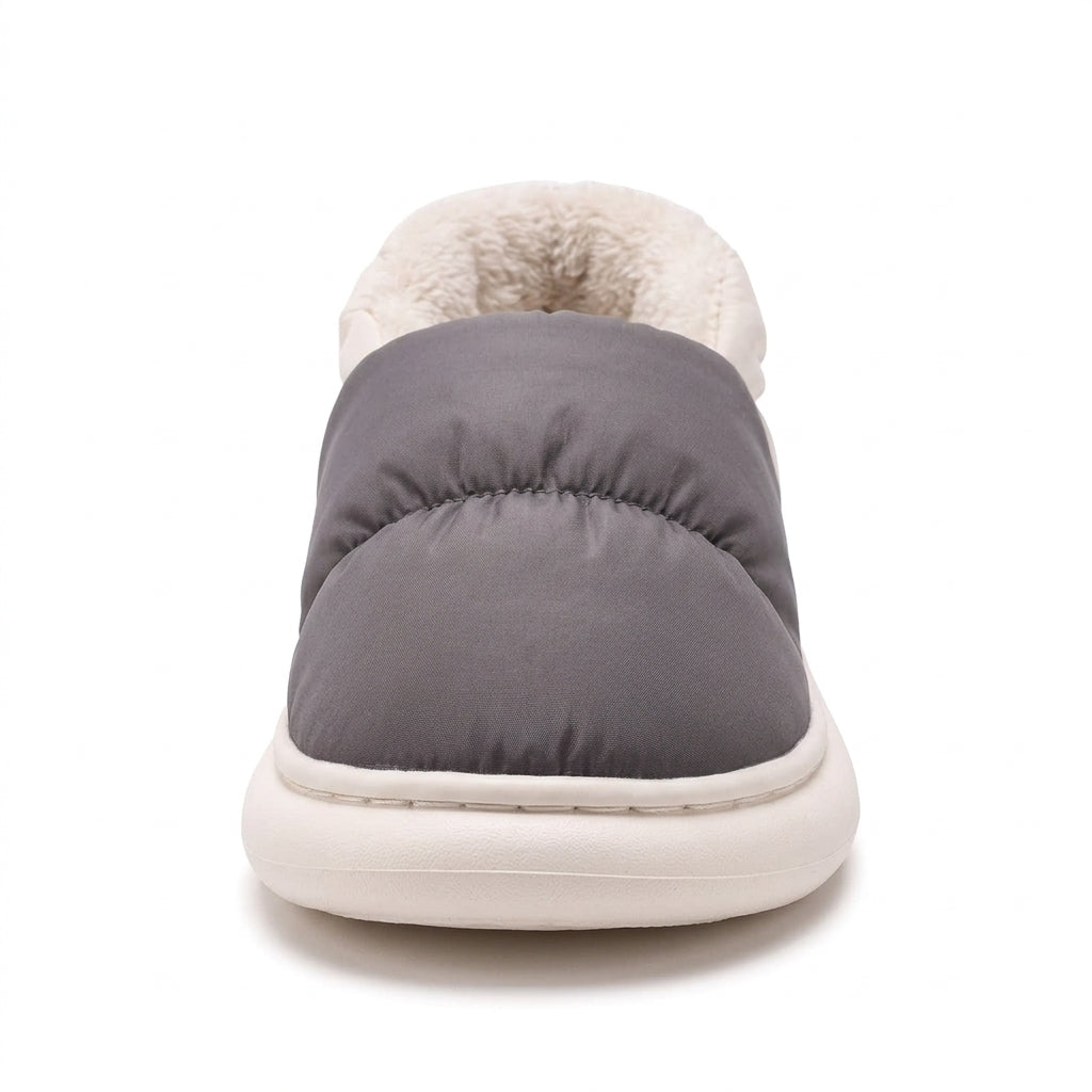 [WHOLESALE ONLY - CONTACT TO ORDER] Unisex Puffer Down Bootie Slippers - Thermal Fleece Lined Non-Slip Platform Winter House Shoes (Charcoal Grey & Cream) [FM-102]