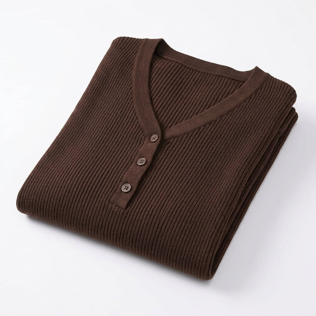 [WHOLESALE ONLY - CONTACT TO ORDER] Women's Ribbed Knit V-Neck Henley Pullover Sweater with Tonal Buttons (Rich Espresso Mocha Brown) [AW-196]