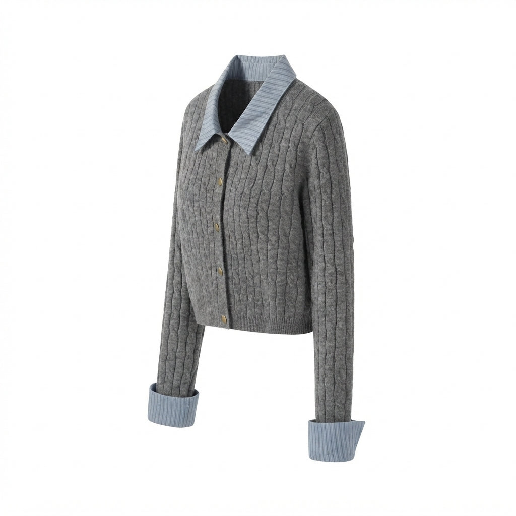 [WHOLESALE ONLY - CONTACT TO ORDER] Women's Preppy 2-in-1 Cable-Knit Cardigan with Striped Shirt Collar & Turn-Back Cuffs with Gold Dome Buttons (Heather Grey & Blue Stripe) [AW-207]