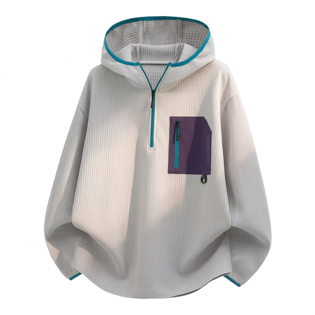 [WHOLESALE ONLY - CONTACT TO ORDER] Unisex Heavyweight 360GSM 80% Cotton Waffle Grid Quarter-Zip Pullover Hoodie with Contrast Nylon Pocket (Heather Light Grey) [AW-101]