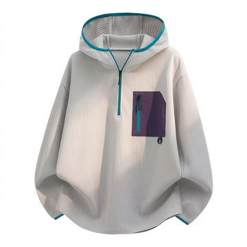 [WHOLESALE ONLY - CONTACT TO ORDER] Unisex Heavyweight 360GSM 80% Cotton Waffle Grid Quarter-Zip Pullover Hoodie with Contrast Nylon Pocket (Heather Light Grey) [AW-101]