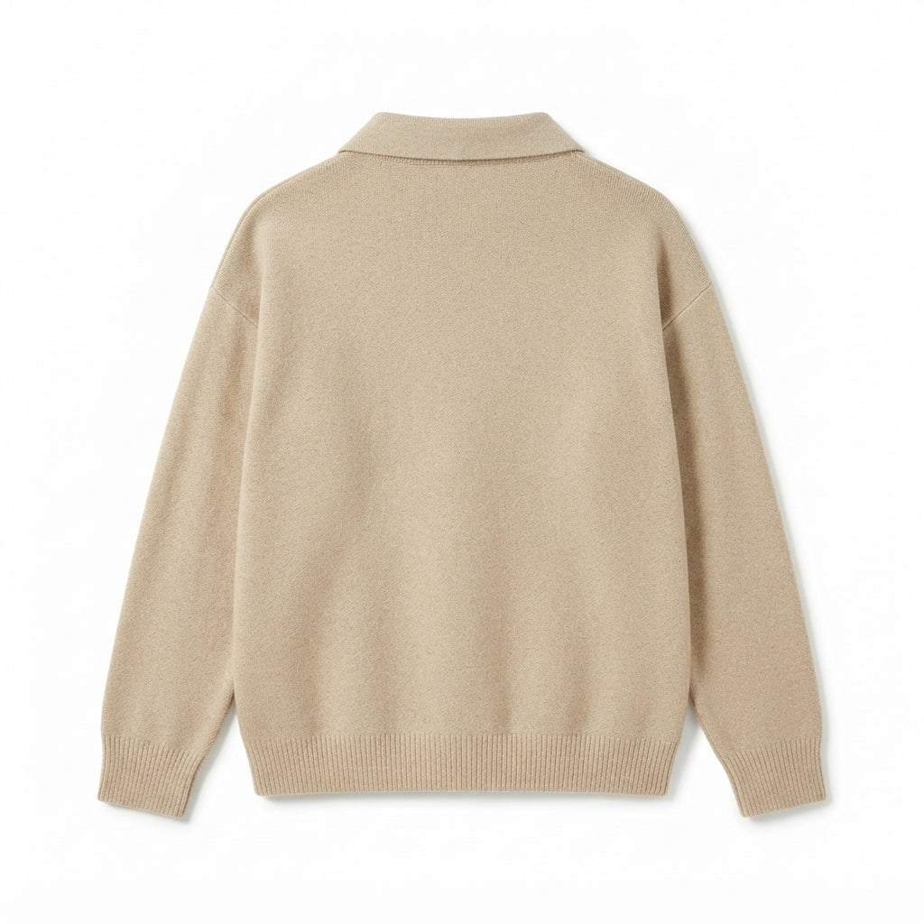 [WHOLESALE ONLY - CONTACT TO ORDER] Women's Ultra-Soft Cashmere-Feel Plain Knit Polo Collar Quarter-Zip Pullover Sweater with Suede Leather Pull (Heather Oatmeal Melange) [AW-215]