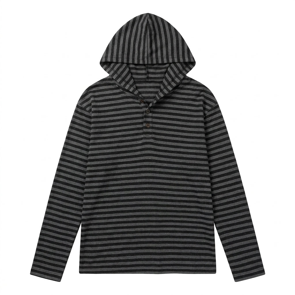 [WHOLESALE ONLY - CONTACT TO ORDER] Unisex Heavyweight 300GSM 80% Cotton Fleece Lined Striped Button Henley Pullover Hoodie (Charcoal & Heather Grey) [AW-106]