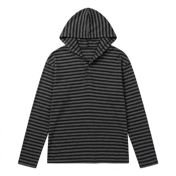 [WHOLESALE ONLY - CONTACT TO ORDER] Unisex Heavyweight 300GSM 80% Cotton Fleece Lined Striped Button Henley Pullover Hoodie (Charcoal & Heather Grey) [AW-106]