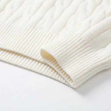 [WHOLESALE ONLY - CONTACT TO ORDER] Women's Preppy Cable-Knit Spread Polo Collar Open V-Neck Pullover Sweater (Warm Cream Ivory) [AW-219]