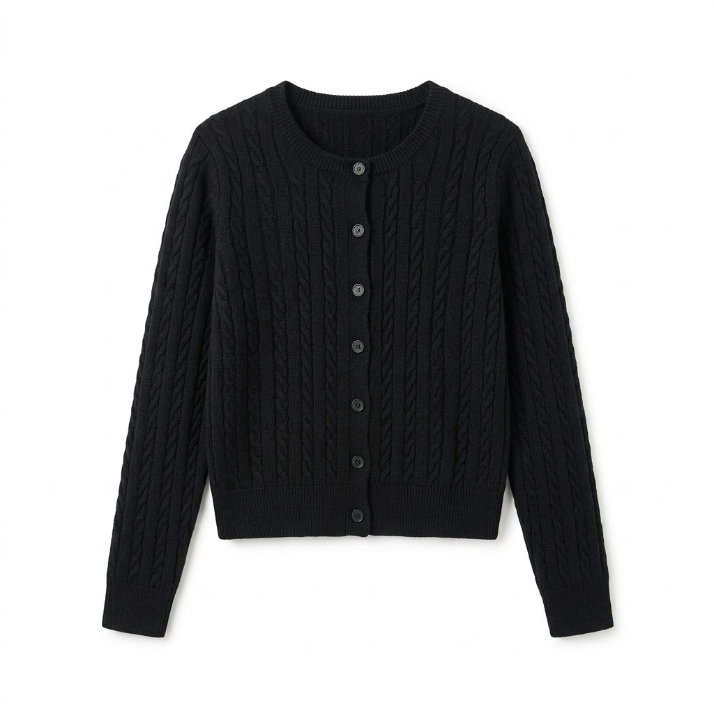 [WHOLESALE ONLY - CONTACT TO ORDER] Women's Classic Fitted Cable-Knit Crewneck Button-Front Cardigan Sweater (Pitch Black) [AW-195]