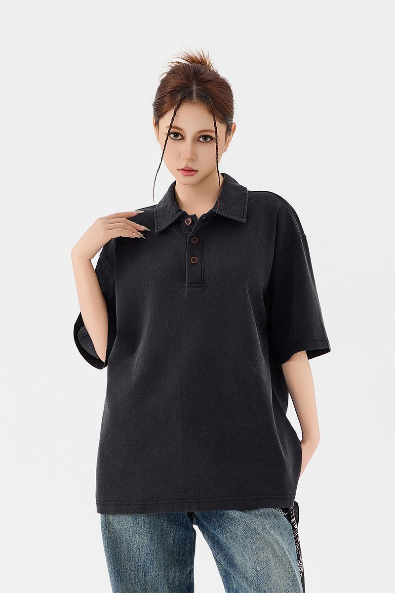 Men’s Heavyweight Washed T-Shirt – Vintage Loose Fit Drop Shoulder with Denim Collar[NA-012]