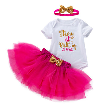 [WHOLESALE ONLY - CONTACT TO ORDER] Baby Girls 95% Combed Cotton "It's My 1st Birthday" Bodysuit & Hot Pink Tulle Tutu Skirt 3-Piece Set with Sequin Bow Headband [KW-230]