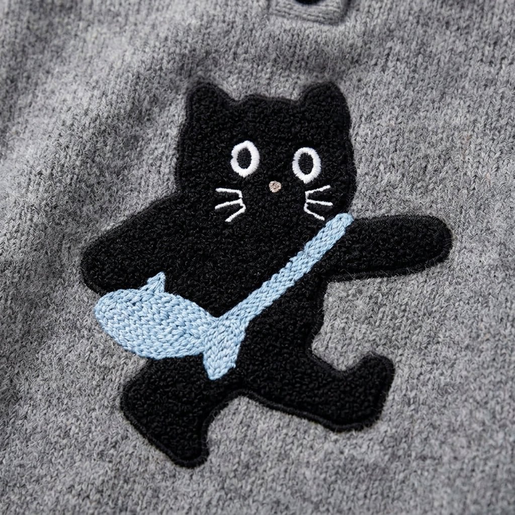 [WHOLESALE ONLY - CONTACT TO ORDER] Women's / Unisex Whimsical Messenger Black Cat Chenille Patch Knit Polo Sweater with Ribbed Collar (Heather Medium Grey) [AW-228]