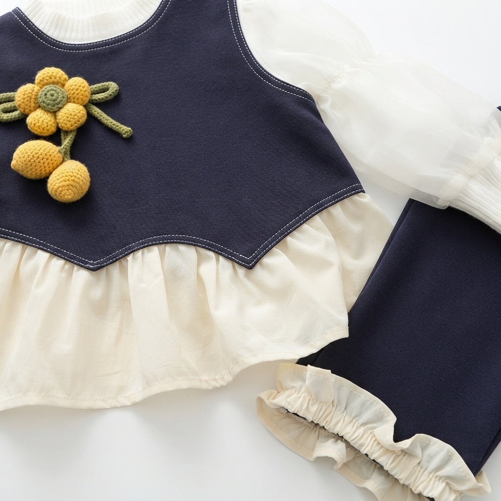 [WHOLESALE ONLY - CONTACT TO ORDER] Toddler Girls 3-Piece Navy Vest Peplum Top & Wide Leg Ruffle Pants Set with Crossbody Bag - 3D Knit Flower Boutique Outfit[KW-165]