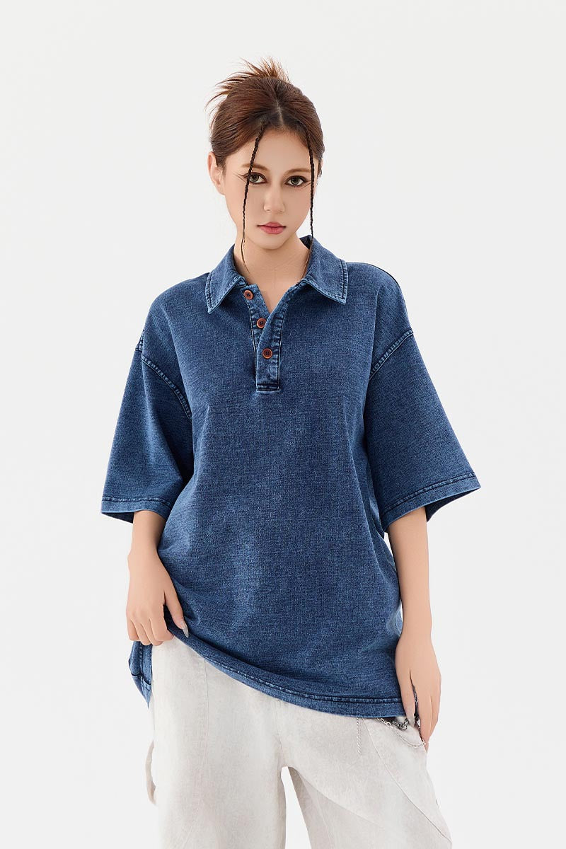 Men’s Heavyweight Washed T-Shirt – Vintage Loose Fit Drop Shoulder with Denim Collar[NA-012]