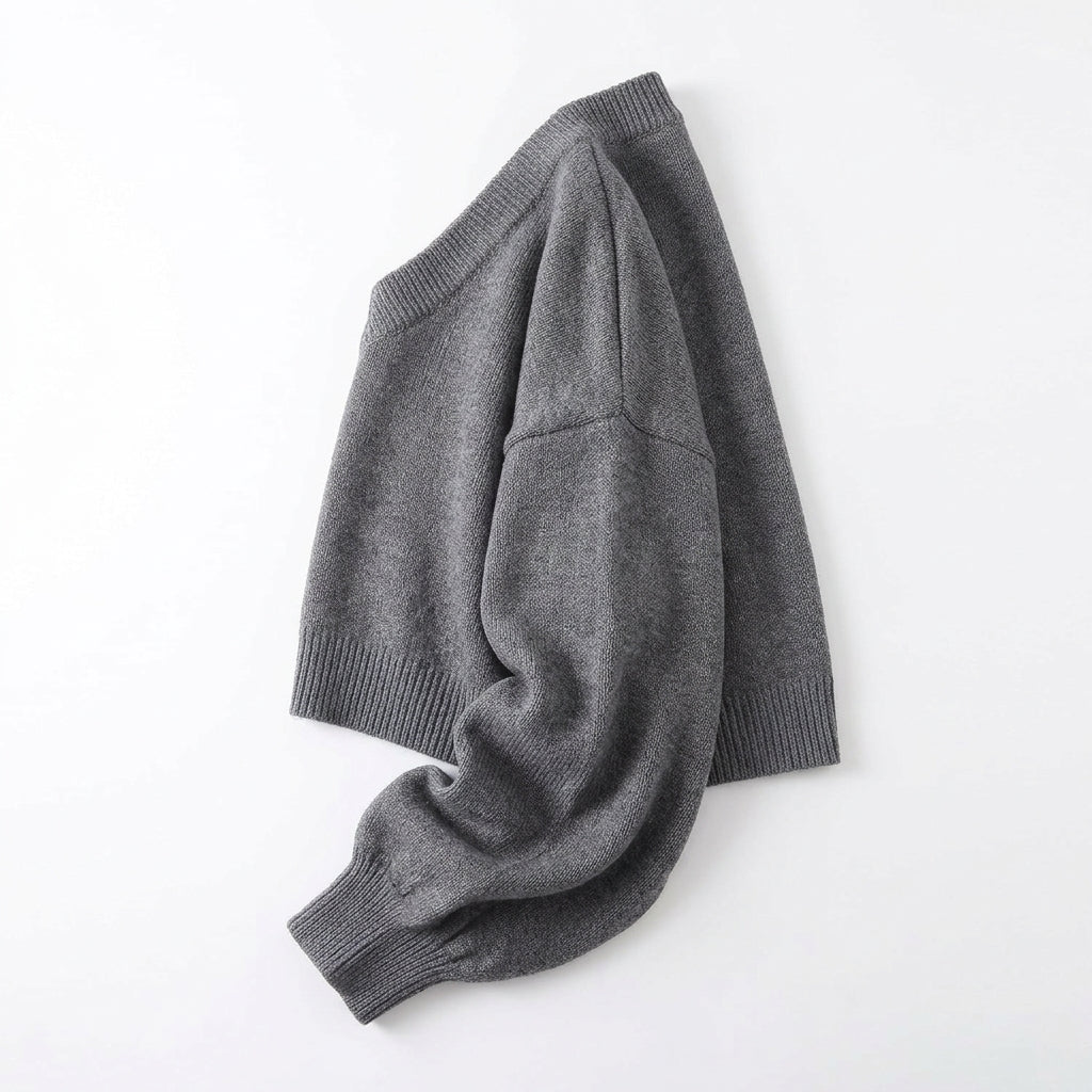 [WHOLESALE ONLY - CONTACT TO ORDER] Women's Ultra-Soft Cashmere-Feel Deep V-Neck Cropped Pullover Sweater with Lantern Sleeves (Heather Charcoal Grey) [AW-203]