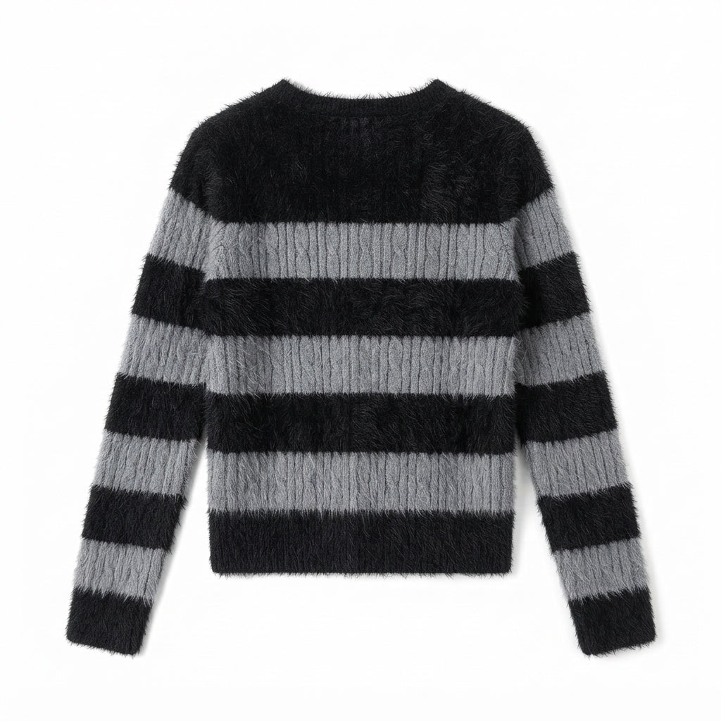 [WHOLESALE ONLY - CONTACT TO ORDER] Women's Grunge Y2K Striped Fuzzy Eyelash & Cable-Knit V-Neck Pullover Sweater with Ribbed Inset (Noir Black & Heather Grey) [AW-213]