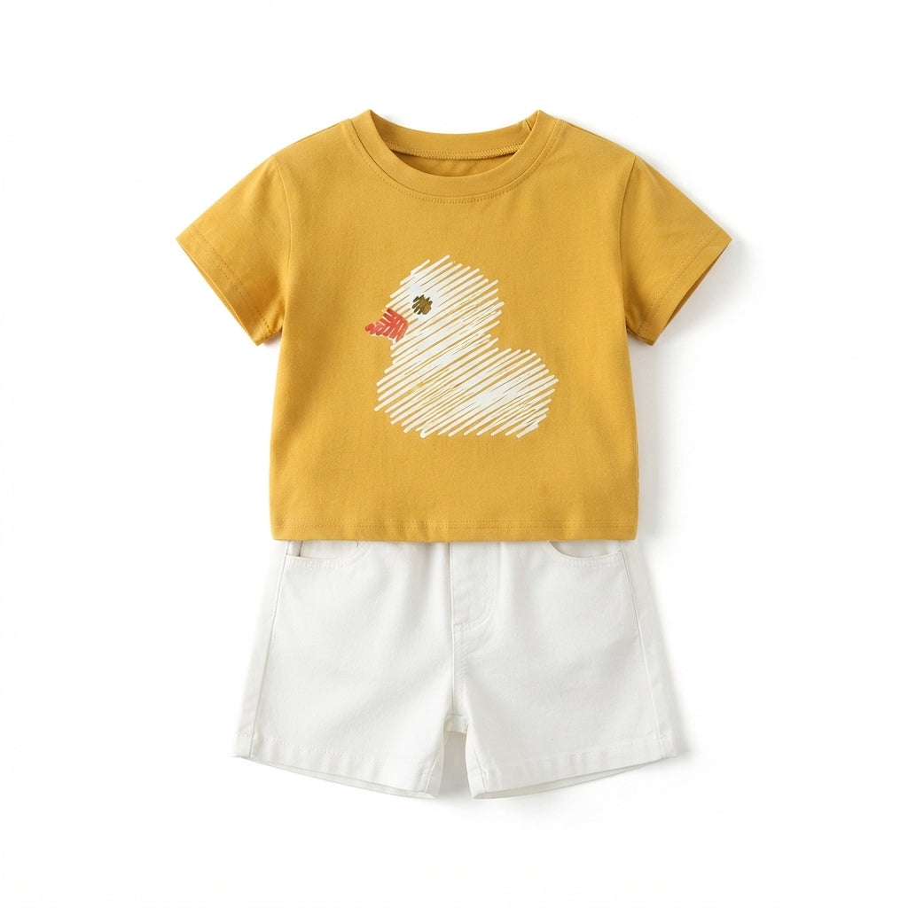 [WHOLESALE ONLY - CONTACT TO ORDER] Toddler Boys Summer 100% Cotton Graphic T-Shirt & Chino Shorts Set - Mustard Yellow Scribble Duck Casual Loungewear [KW-159]