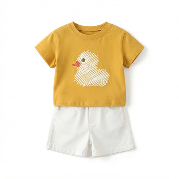[WHOLESALE ONLY - CONTACT TO ORDER] Toddler Boys Summer 100% Cotton Graphic T-Shirt & Chino Shorts Set - Mustard Yellow Scribble Duck Casual Loungewear [KW-159]