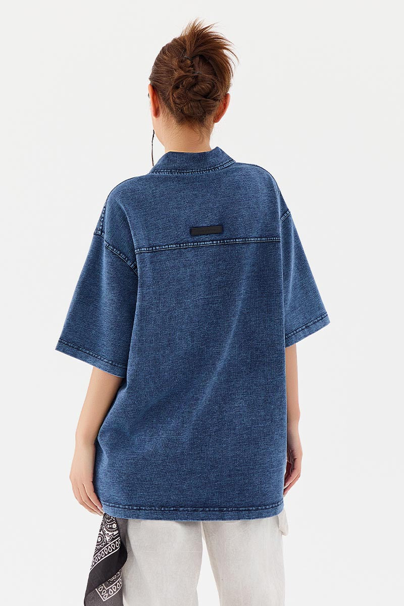Men’s Heavyweight Washed T-Shirt – Vintage Loose Fit Drop Shoulder with Denim Collar[NA-012]