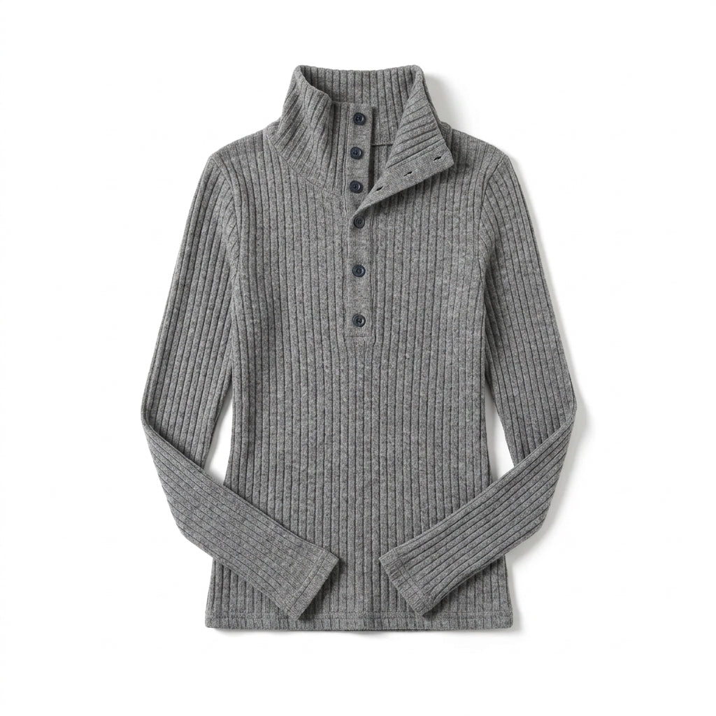 [WHOLESALE ONLY - CONTACT TO ORDER] Women's Ribbed Knit Convertible High Turtleneck Buttoned Henley Pullover Sweater (Heather Medium Grey) [AW-225]