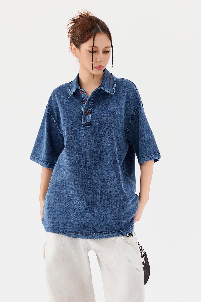 Men’s Heavyweight Washed T-Shirt – Vintage Loose Fit Drop Shoulder with Denim Collar[NA-012]