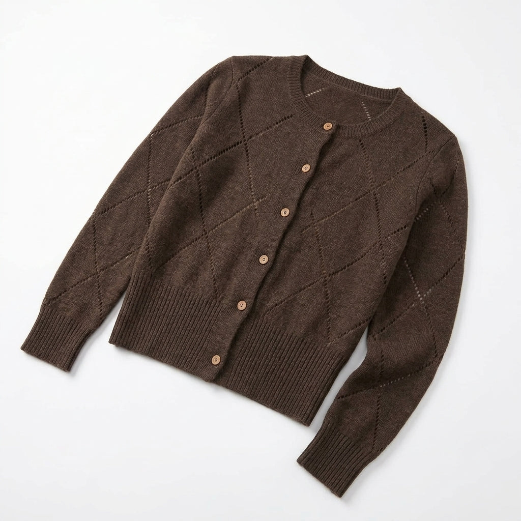 [WHOLESALE ONLY - CONTACT TO ORDER] Women's Classic Pointelle Diamond-Trellis Cable-Knit Crewneck Cardigan with Wooden Buttons (Heather Mocha Brown) [AW-235]