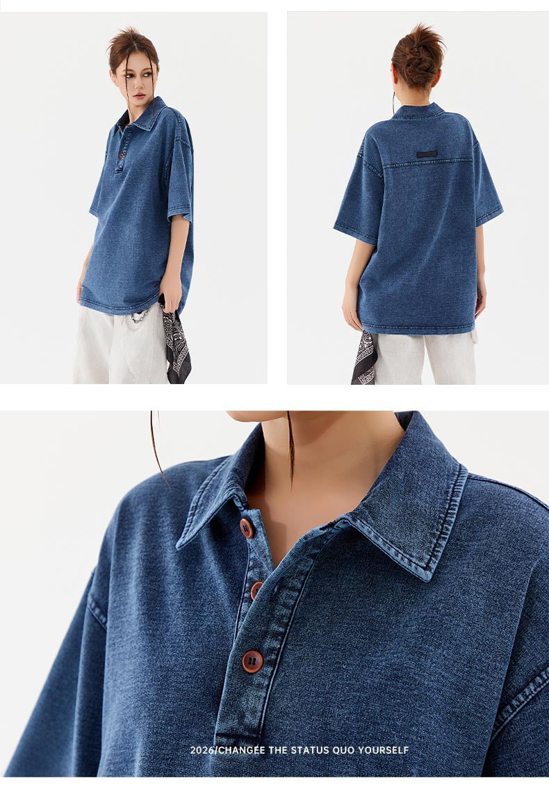 Men’s Heavyweight Washed T-Shirt – Vintage Loose Fit Drop Shoulder with Denim Collar[NA-012]