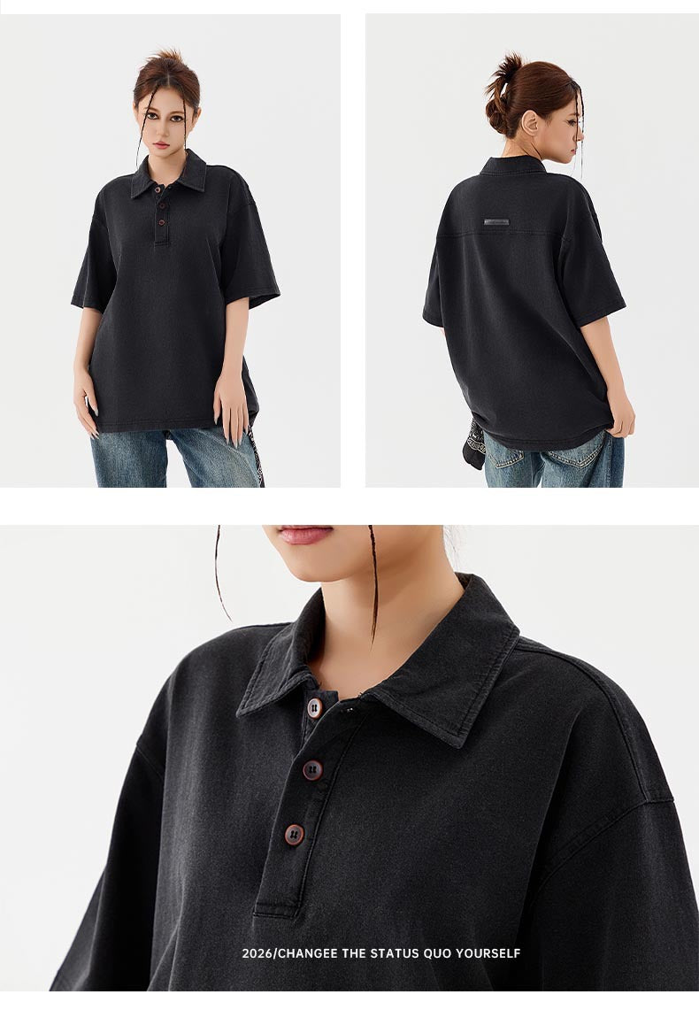 Men’s Heavyweight Washed T-Shirt – Vintage Loose Fit Drop Shoulder with Denim Collar[NA-012]