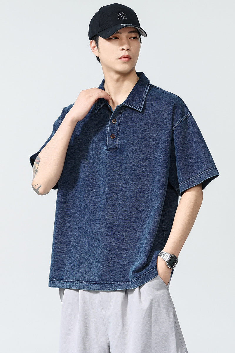 Men’s Heavyweight Washed T-Shirt – Vintage Loose Fit Drop Shoulder with Denim Collar[NA-012]