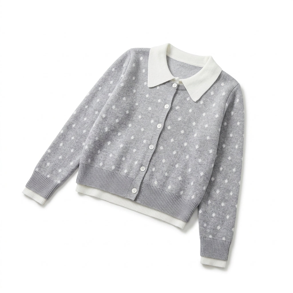 [WHOLESALE ONLY - CONTACT TO ORDER] Women's Preppy 2-in-1 Layered Polka Dot Jacquard Cardigan with Contrast White Peter Pan Collar & Hem Trim (Heather Grey & White) [AW-220]
