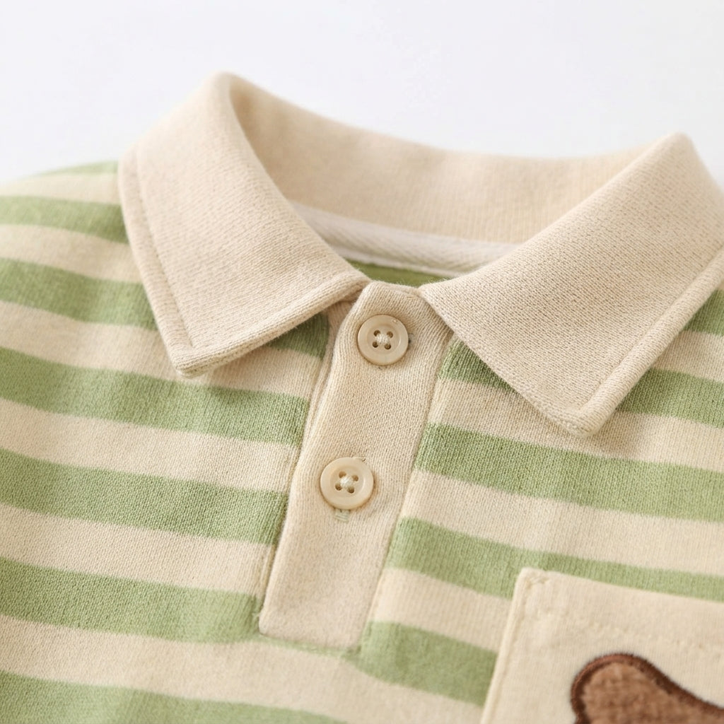 [WHOLESALE ONLY - CONTACT TO ORDER] Toddler Baby Boys 2-Piece Striped Polo Sweatshirt & Corduroy Pants Set - Cute Bear Patchwork Autumn Loungewear[KW-169]