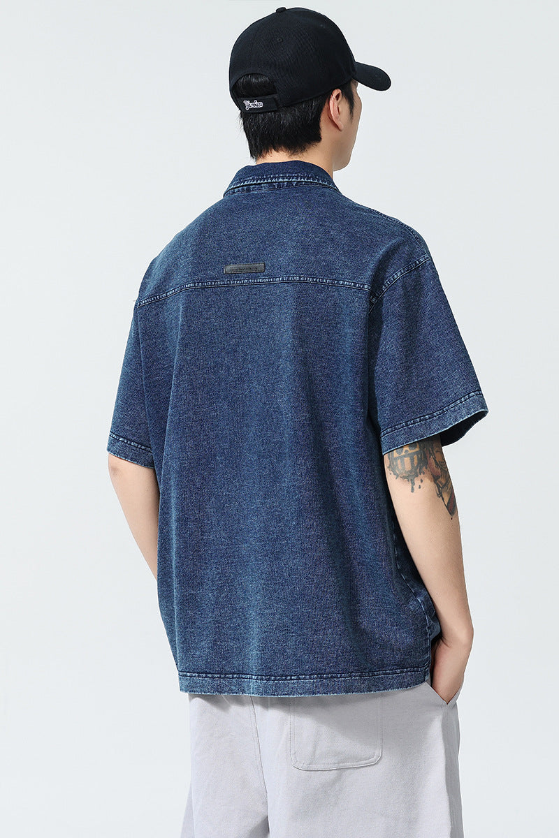 Men’s Heavyweight Washed T-Shirt – Vintage Loose Fit Drop Shoulder with Denim Collar[NA-012]