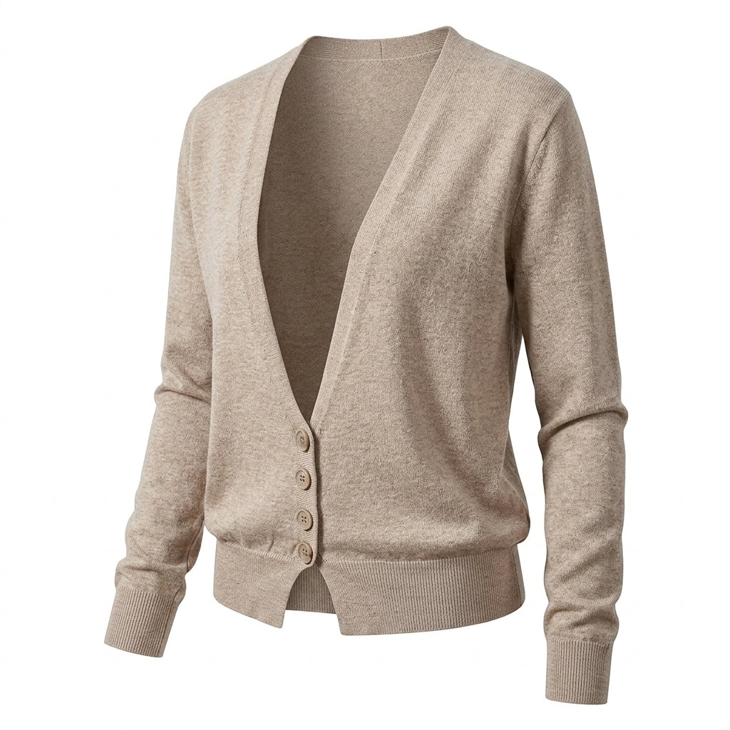 [WHOLESALE ONLY - CONTACT TO ORDER] Women's Ultra-Soft Cashmere-Feel Deep V-Neck Button-Front Cardigan Sweater with Split Hem (Heather Oat Melange) [AW-222]