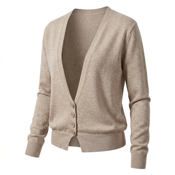 [WHOLESALE ONLY - CONTACT TO ORDER] Women's Ultra-Soft Cashmere-Feel Deep V-Neck Button-Front Cardigan Sweater with Split Hem (Heather Oat Melange) [AW-222]